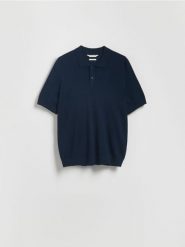 Sweter polo z wiskozą - granatowy. Niebieskie swetry męskie Reserved, l, bez wzorów, z dzianiny, bez kołnierzyka. Za 99.99 zł.