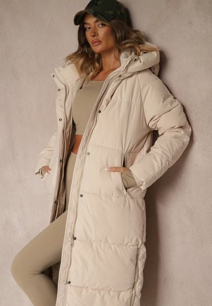 Jasnobeżowa Zimowa Kurtka z Pikowanymi Przeszyciami Kapturem i Suwakami Gionea. Brązowe kurtki damskie Renee, na zimę, l, bez wzorów, z jeansu. Za 184.99 zł.