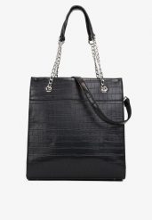 Czarna Duża Torebka z Rączką z Łańcuszkiem i Odpinanym Paskiem Adrien. Czarne shopper bag damskie Born2be, bez wzorów, z jeansu, duże, bez dodatków. Za 79.99 zł.
