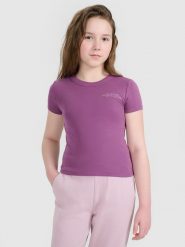4F Crop top slim z nadrukiem dziewczęcy - fioletowy 164 (13-14 lat). Fioletowe koszulki dziewczęce 4f, m, bez wzorów, z bawełny, bez ramiączek. Za 39.99 zł.