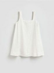 Lniana sukienka mini - biały. Białe sukienki damskie Reserved, l, bez wzorów, z tkaniny, bez kołnierzyka, bez ramiączek, mini, rozkloszowane. Za 149.99 zł.