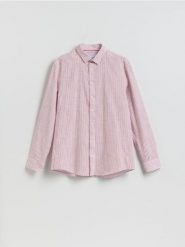 Koszula regular fit w paski - czerwony. Czerwone koszule męskie Reserved, l, bez wzorów, z bawełny, bez kołnierzyka, bez ramiączek. Za 139.99 zł.