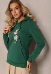 Zielona Ocieplana Bluza z Ozdobnym Nadrukiem i Kapturem Hitee. Zielone bluzy z kapturem damskie Renee, l, z dzianiny. Za 79.99 zł.