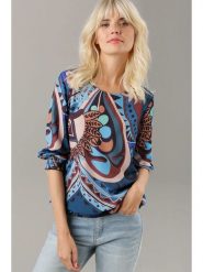 Aniston Bluzka w kolorze jasnobrązowo-niebieskim rozmiar: 46. Brązowe bluzki damskie Aniston, bez wzorów, bez kołnierzyka, bez ramiączek. Za 110.29 zł.