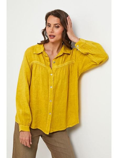 Lin Passion Lniana koszula w kolorze żółtym rozmiar: 38/40. Żółte koszule damskie Lin Passion, z aplikacjami, ze lnu, klasyczne, bez kołnierzyka, bez ramiączek. Za 131.12 zł.
