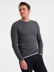 Bawełniany sweter męski z okrągłym dekoltem - grafitowy melanż V2 OM-SWSW-0103 - XXL. Szare swetry męskie Ombre Clothing, l, bez wzorów, z bawełny, bez kołnierzyka. W wyprzedaży za 69.99 zł.