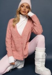 Jasnoróżowy Zapinany Kardigan z Trójkątnym Dekoltem i Warkoczykowy Splot Juessa. Czerwone kardigany damskie Renee, bez wzorów, z dzianiny. Za 129.99 zł.