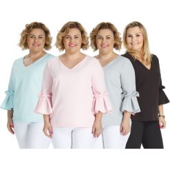 Elegancka bluzka rękaw falbanka oversize. Czerwone bluzki damskie Moda Size Plus Iwanek, na lato, z aplikacjami, z elastanu, bez kołnierzyka, bez ramiączek. W wyprzedaży za 49.00 zł.
