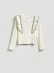 Koszulka z falbanką - złamana biel. Koszulki dziewczęce Reserved, bez wzorów, z bawełny, bez ramiączek. Za 35.99 zł.