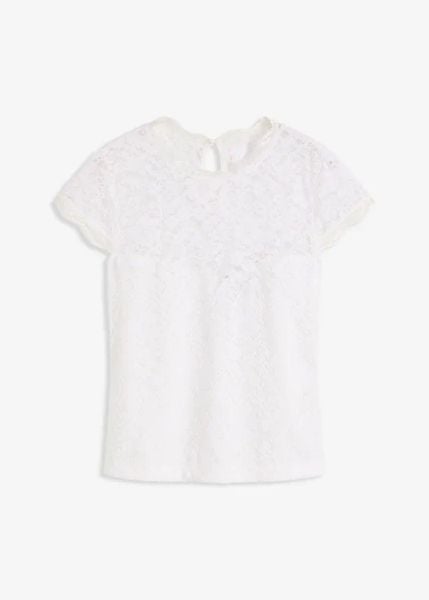 Bluzka w ludowym stylu. Białe bluzki damskie bonprix, bez wzorów, z koronki, bez kołnierzyka, bez ramiączek. Za 142.99 zł.