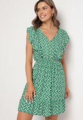 Zielona Rozkloszowana Sukienka z Bawełny w Kwiaty z Guzikami Ronelle. Zielone sukienki damskie Born2be, na co dzień, l, bez wzorów, z bawełny, eleganckie, bez kołnierzyka, bez ramiączek, mini, proste. Za 49.99 zł.