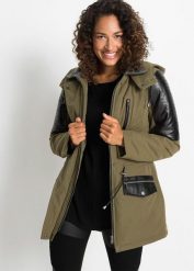 Kurtka parka z wstawkami ze sztucznej skóry. Zielone kurtki damskie bonprix, bez wzorów, z materiału, z kapturem. Za 349.99 zł.
