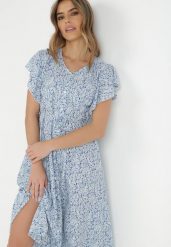 Niebieska Sukienka Megopis. Niebieskie sukienki damskie Born2be, na wiosnę, l, bez wzorów, z materiału, bez kołnierzyka, bez ramiączek, maxi, koszulowe. W wyprzedaży za 95.99 zł.