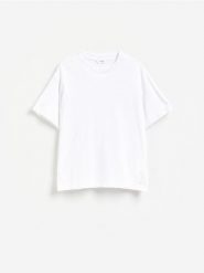 Bawełniany t-shirt boxy - biały. Białe t-shirty męskie Reserved, l, bez wzorów, z bawełny, bez kołnierzyka. Za 69.99 zł.