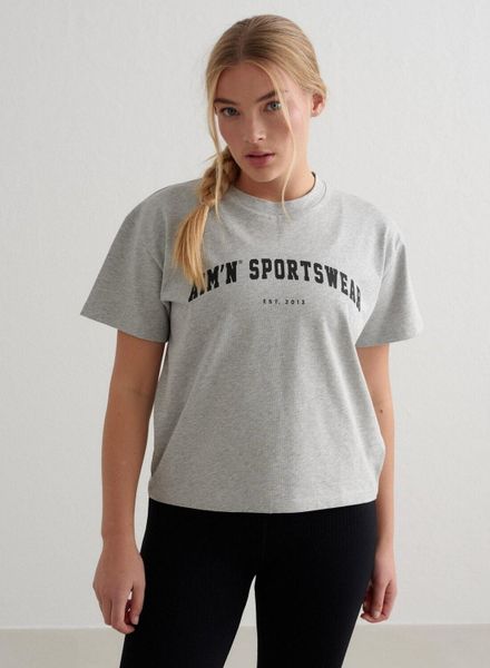 Damski T-shirt, krótki rękaw, pudełkowy, bawełna organiczna Varsity szary melanż. Szare t-shirty damskie Aim'n, m, bez wzorów, z bawełny, bez kołnierzyka. Za 169.00 zł.