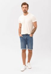 Szorty jeansowe, Comfort Fit, E-MEAR. Niebieskie szorty męskie Volcano, z elastanu, bez kołnierzyka. Za 159.99 zł.
