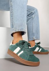 Zielono-Białe Sneakersy Typu Kultowe Tenisówki Zdobione Paskami Nevellise. Zielone trampki i tenisówki damskie Renee, z aplikacjami, z jeansu. Za 129.99 zł.