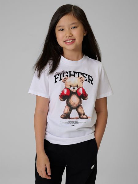 4F T-shirt regular z nadrukiem dziewczęcy - biały 152 (11-12 lat). Białe koszulki dziewczęce 4f, m, bez wzorów, z bawełny, bez ramiączek. Za 49.99 zł.