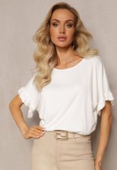 Biała Bluzka z Łańcuszkiem z Tyłu i Falbankami Jaiselvin. Białe bluzki damskie Renee, bez wzorów, z tkaniny, bez kołnierzyka, bez ramiączek. Za 44.99 zł.