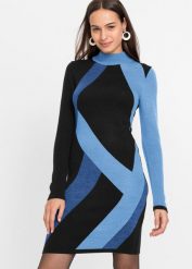 Sukienka dzianinowa żakardowa w modne paski. Niebieskie sukienki damskie bonprix, bez wzorów, z dzianiny, eleganckie, bez kołnierzyka, bez ramiączek. Za 117.99 zł.
