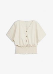 Koszulka z krepy o lekkiej fakturze. Brązowe bluzki damskie bonprix, bez wzorów, eleganckie, bez kołnierzyka, bez ramiączek. Za 102.99 zł.