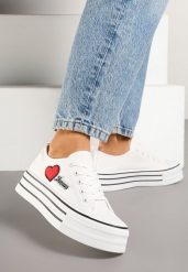 Białe Trampki na Platformie z Ozdobnym Napisem i Aplikacją Efena. Białe trampki i tenisówki damskie Born2be, z aplikacjami, z jeansu. Za 84.99 zł.