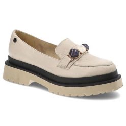 Półbuty damskie BLU, cholewka z gładkiej skóry naturalnej z paskiem na podbiciu i ozdobnym metalowym elementem gruba warstwowa podeszwa z wyraźnym pr. Brązowe półbuty damskie Blu, bez wzorów, ze skóry, eleganckie, bez obcasa, na płaskiej podeszwie. Za 275.00 zł.