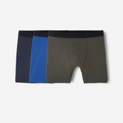 Bokserki sportowe męskie, oddychające 3 sztuki. Niebieskie bokserki męskie Decathlon, bez wzorów, z elastanu. Za 69.99 zł.