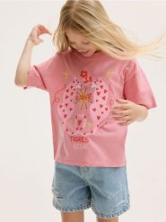 Bawełniany t-shirt z nadrukiem - wielobarwny. Koszulki dziewczęce Reserved, bez wzorów, z bawełny, bez ramiączek. W wyprzedaży za 29.99 zł.