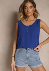 Niebieski Top z Bawełną Ozdobiony Guzikami Ulosiella. Niebieskie topy damskie Renee, l, bez wzorów, z bawełny, bez kołnierzyka. Za 34.99 zł.