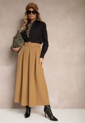 Jasnobrązowa Spódnica z Wiskozą o Rozkloszowanym Kroju z Paskiem i Gumką w Talii Prianna. Brązowe spódniczki damskie Renee, na lato, bez wzorów, z wiskozy, eleganckie, maxi, koszulowe. Za 99.99 zł.