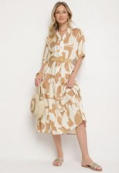 Beżowa Wiskozowa Sukienka z Geometrycznym Wzorem Filarin. Brązowe sukienki damskie Born2be, na co dzień, na wiosnę, l, bez wzorów, z wiskozy, eleganckie, bez kołnierzyka, bez ramiączek, midi, proste. W wyprzedaży za 79.99 zł.