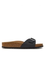 Birkenstock Klapki Madrid Bs 1020060 Czarny. Czarne klapki damskie Birkenstock, bez wzorów, ze skóry, bez obcasa. Za 329.00 zł.