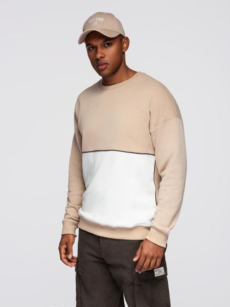 Bluza męska OVERSIZE z kontrastowym łączeniem kolorów - beżowa V2 - Rozmiar: S. Brązowe bluzy bez kaptura męskie Ombre Clothing, m, z bawełny. W wyprzedaży za 49.99 zł.