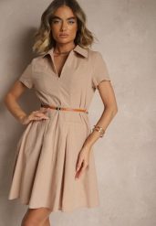 Ciemnobeżowa Sukienka Koszulowa z Cienkim Paskiem w Talii Weolessa. Brązowe sukienki damskie Renee, na co dzień, na lato, l, bez wzorów, z jeansu, eleganckie, bez kołnierzyka, bez ramiączek, mini, koszulowe. Za 109.99 zł.