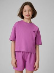 4F T-shirt loose gładki dziewczęcy - różowy 158/164 (12-14 lat). Fioletowe koszulki dziewczęce 4f, bez wzorów, z bawełny, bez ramiączek. Za 49.99 zł.