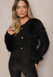 Czarny Sweter z Długim Włosiem i Wełną z Guzikami w Kształcie Kwiatów Meriwine. Czarne swetry klasyczne damskie Renee, z jeansu, bez kołnierzyka. Za 54.99 zł.