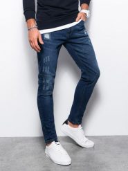 Spodnie męskie jeansowe SKINNY FIT - niebieskie P1060 - XXL. Niebieskie spodnie materiałowe męskie Ombre Clothing, bez wzorów, z bawełny. W wyprzedaży za 69.99 zł.