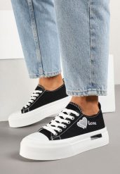 Czarne Trampki na Platformie z Ozdobnym Napisem i Sercem Laviere. Czarne trampki i tenisówki damskie Renee, bez wzorów, z jeansu. Za 74.99 zł.