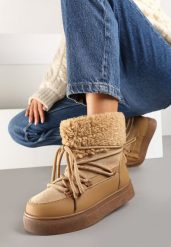 Brązowe Śniegowce na Grubej Podeszwie ze Sznurowaniem i Futerkiem Izantea. Brązowe śniegowce damskie Born2be, z futra. Za 89.99 zł.