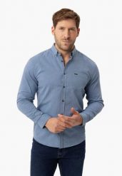 Bawełniana, niebieska koszula K-NANDO. Niebieskie koszule męskie Volcano, m, bez wzorów, z bawełny, bez kołnierzyka, bez ramiączek. Za 139.99 zł.