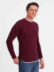 Bawełniany sweter męski z okrągłym dekoltem - bordowy V8 OM-SWSW-0103 - XXL. Czerwone swetry męskie Ombre Clothing, m, bez wzorów, z bawełny, bez kołnierzyka. W wyprzedaży za 69.99 zł.