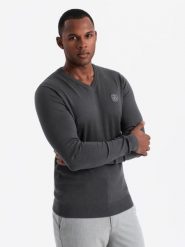 Elegancki sweter męski BASIC V-neck z wiskozą - grafitowy V17 - Rozmiar: L. Szare swetry męskie Ombre Clothing, l, bez wzorów, z wiskozy, bez kołnierzyka. W wyprzedaży za 89.99 zł.