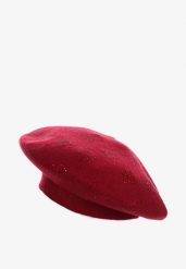 Bordowa Czapka Beret w Naszywki w Cyrkonie Nlaria. Czerwone czapki zimowe damskie Renee, z dzianiny. Za 44.99 zł.