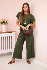 Komplet z wiskozy bluzka plisowana + spodnie khaki. Brązowe spodnie materiałowe damskie KESI, bez wzorów, z bawełny, eleganckie. Za 217.48 zł.