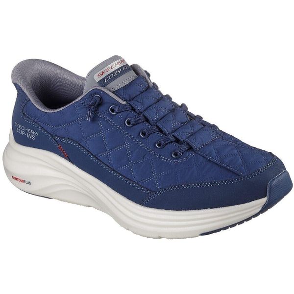 Buty sportowe męskie Skechers Contour Foam Cozy. Niebieskie buty sportowe na co dzień męskie Skechers, z materiału, bez zapięcia, trekkingowe. Za 490.00 zł.