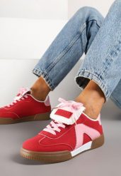 Czerwono-Różowe Sneakersy Tenisówki z Ozdobnym Językiem Alaviela. Czerwone trampki i tenisówki damskie Born2be, bez wzorów, z jeansu. Za 89.99 zł.