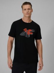 4F T-shirt regular z nadrukiem męski - czarny S. Czarne t-shirty męskie 4f, m, bez wzorów, z bawełny, bez kołnierzyka. Za 59.99 zł.