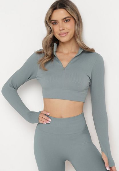 Szara Bluzka Zapinana na Suwak z Wycięciem przy Ściągaczu Aisllain. Szare bluzki damskie Born2be, bez wzorów, eleganckie, bez kołnierzyka, bez ramiączek. Za 39.99 zł.