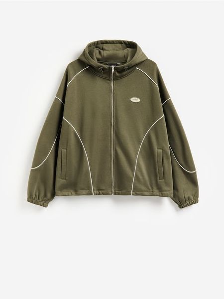 Bluza oversize z bawełną - oliwkowy. Zielone bluzy bez kaptura męskie Reserved, l, z bawełny. Za 159.99 zł.